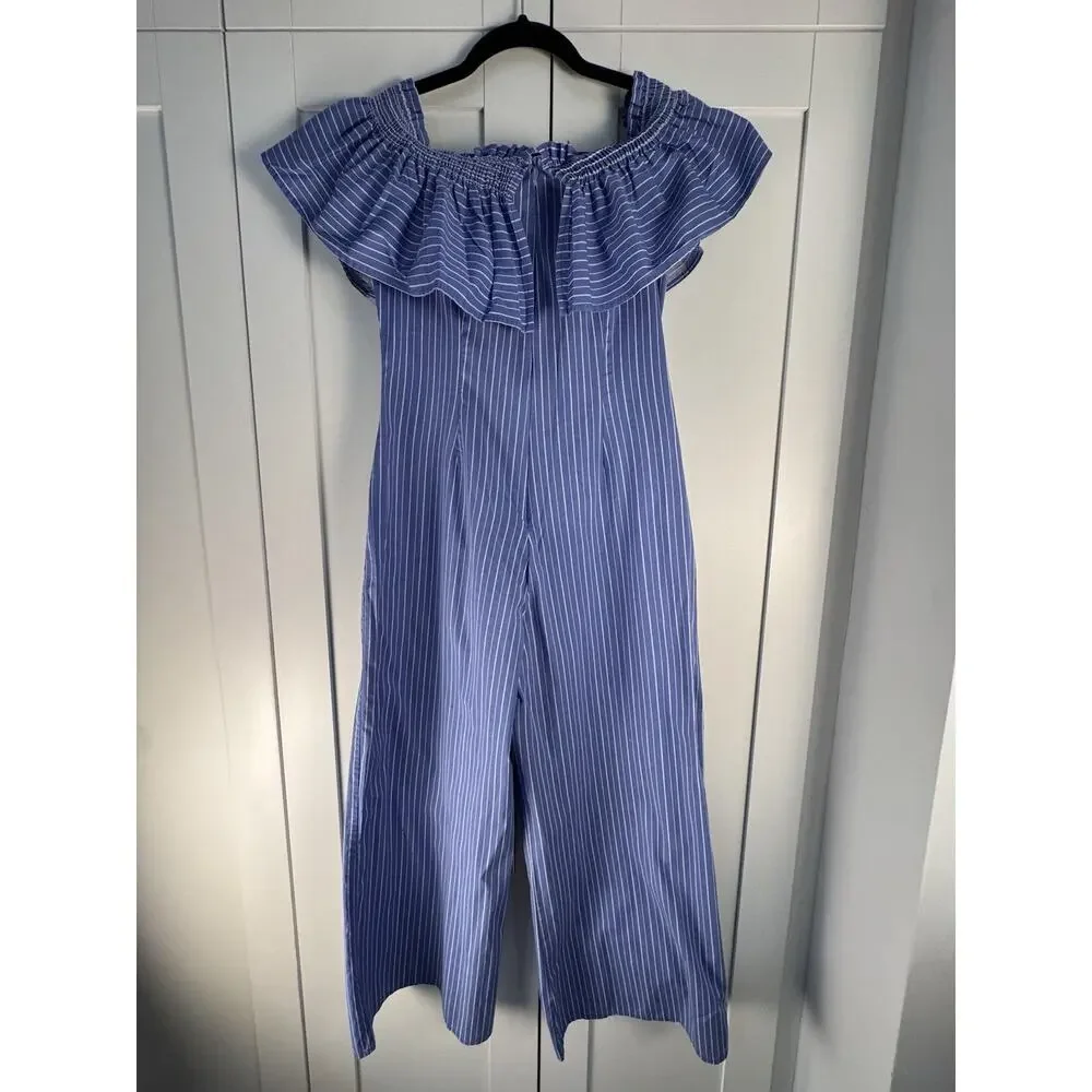 Privy Off Shoulder Jumpsuit Blue White Stripe Ruffle Wide Leg Womens M - Picture 3 of 8